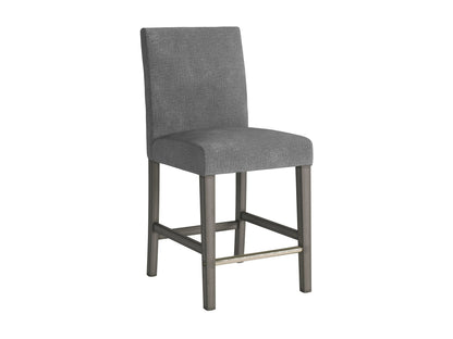 Grey fabric counter height bar stool with tufted backrest, wooden legs, and modern design.