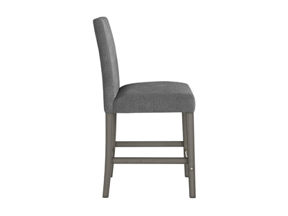 Grey fabric counter height bar stool with wooden legs and tufted backrest.