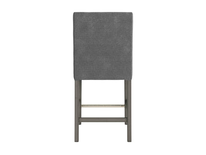 Grey fabric counter height bar stool with tufted backrest and wooden legs.