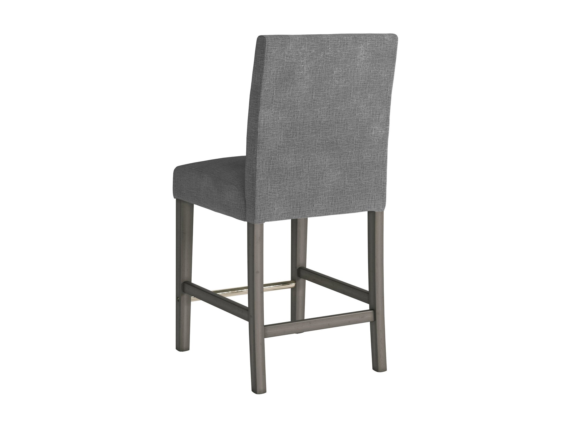 Grey fabric counter height bar stool with cushioned seat, wooden legs, and footrest for modern kitchen or bar area.