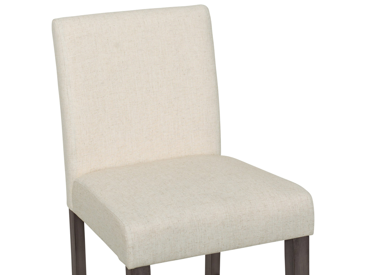 Beige fabric counter height bar stool with cushioned seat, wooden legs, and footrest.