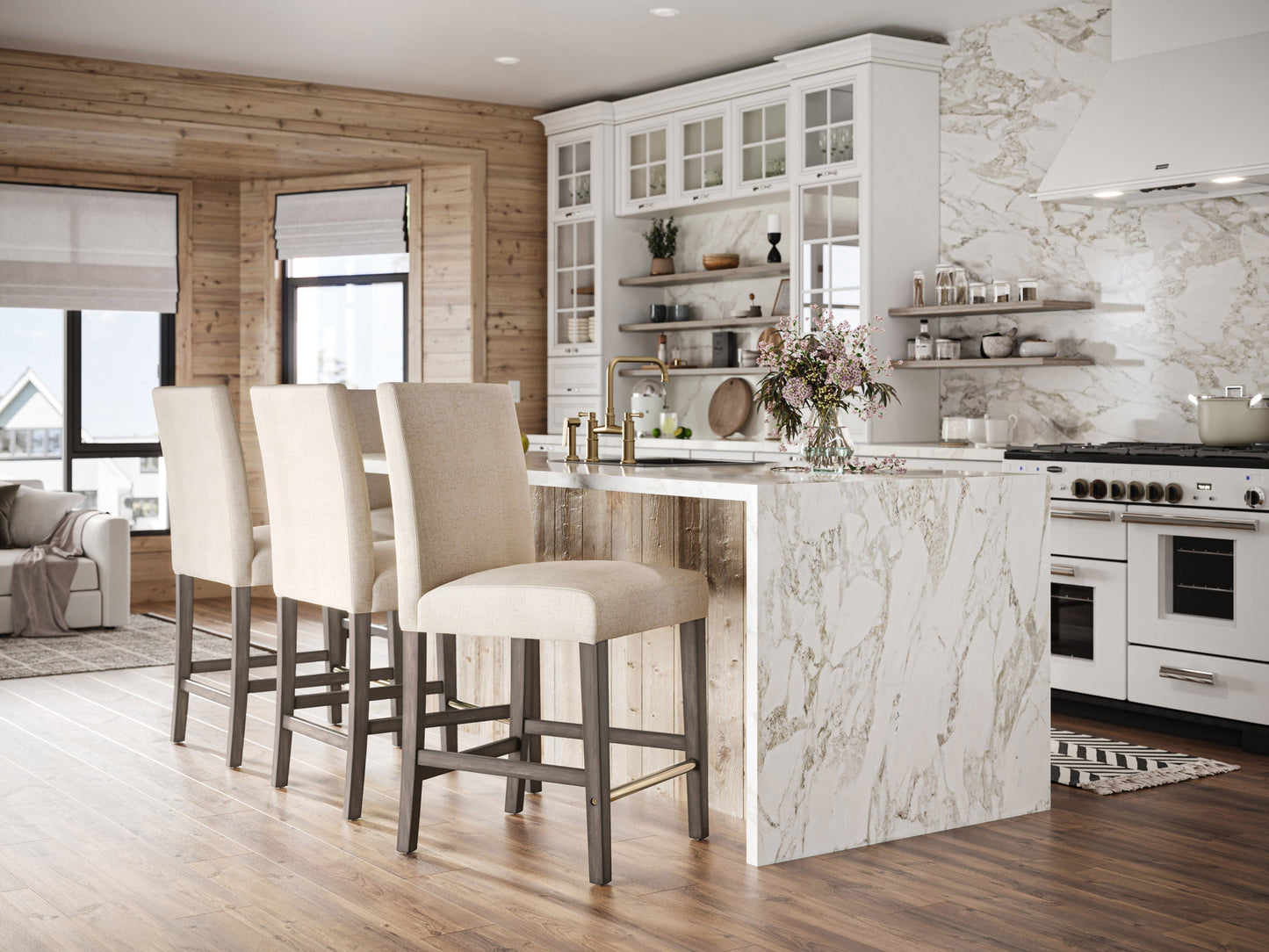 Beige fabric counter height bar stool with cushioned seat, wooden legs, and footrest.