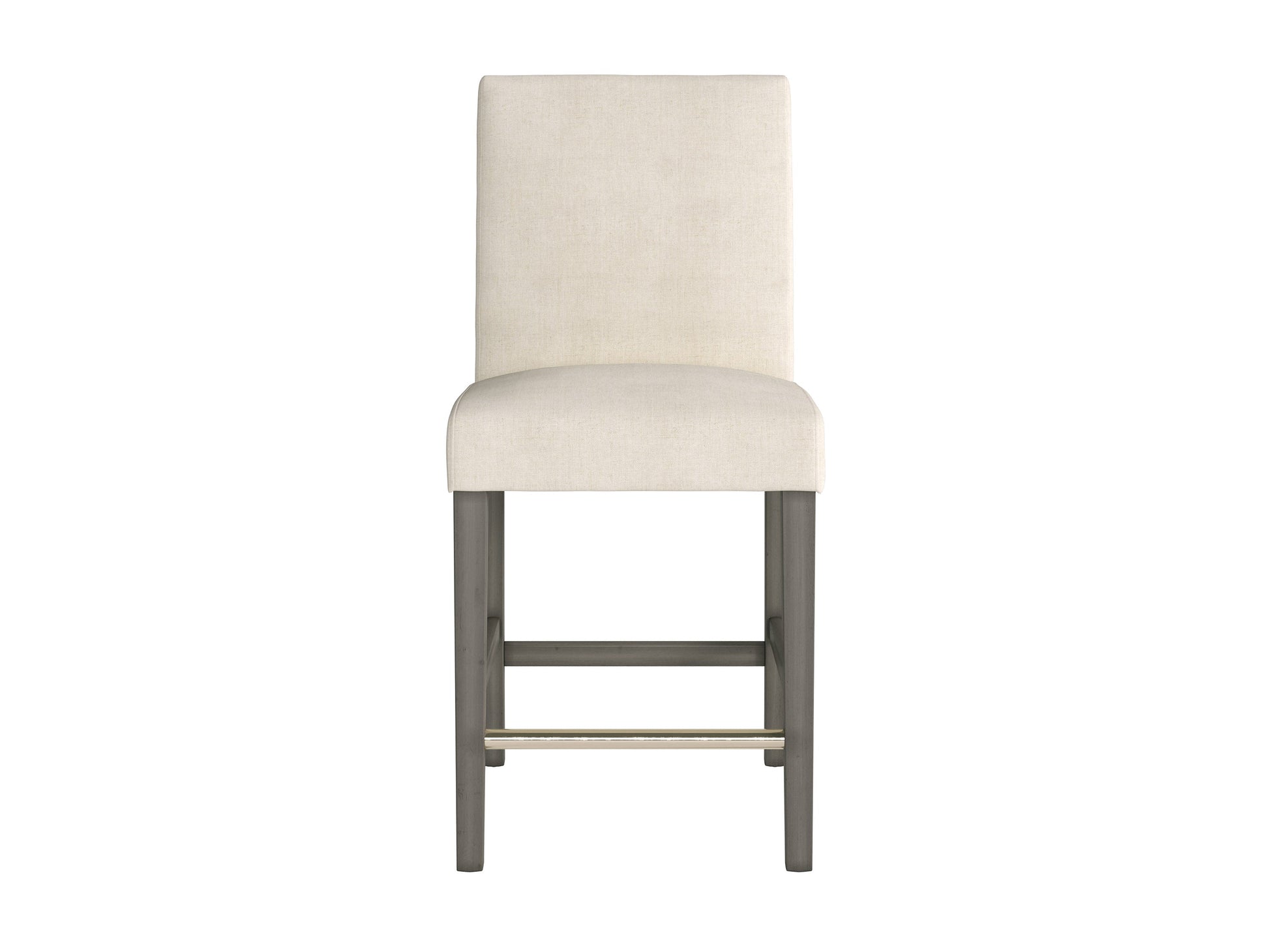 Beige fabric counter height stool with wooden legs, cushioned seat, and backrest for modern kitchen or bar.