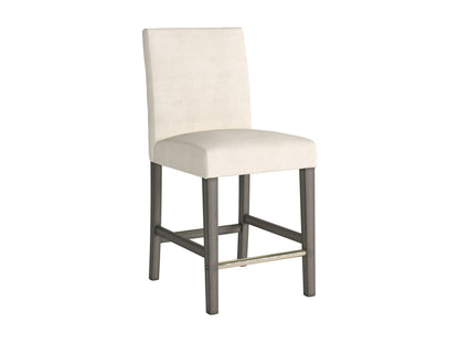 Beige fabric counter height stool with cushioned seat and wooden legs, perfect for modern kitchen or bar settings.