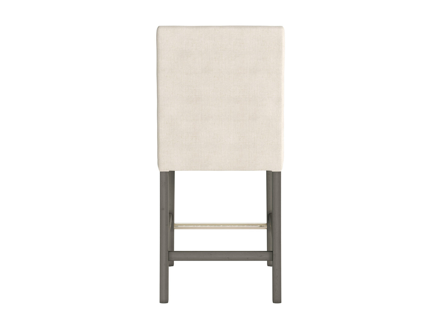 Beige fabric counter height bar stool with cushioned seat, wooden legs, and footrest for modern kitchen or bar areas.