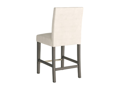 Beige fabric counter height bar stool with cushioned seat, wooden legs, and footrest.