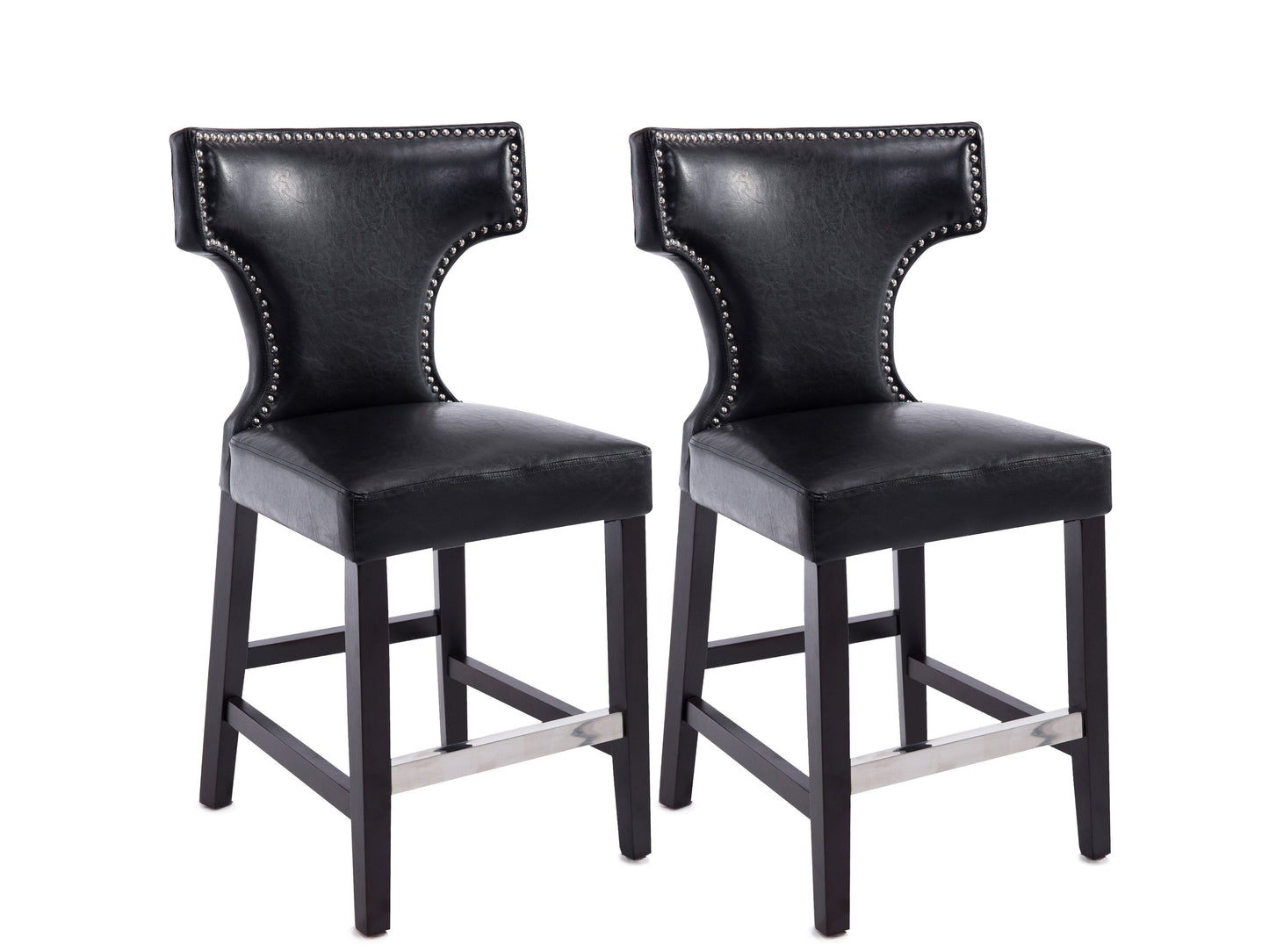 Set of 2 black counter height bar stools with cushioned seats, sleek metal legs, and a modern design.