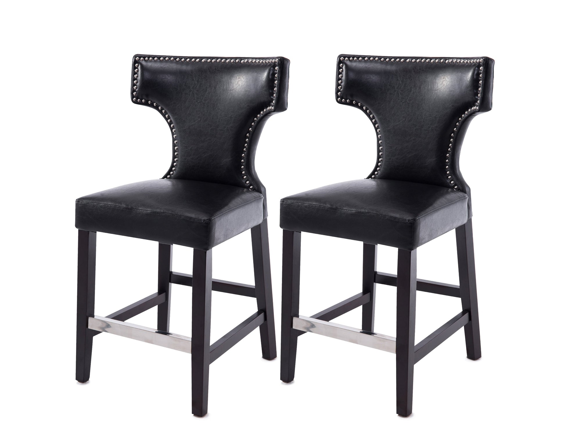 Black counter height bar stools set of 2 with cushioned seats, sleek metal legs, and modern design.