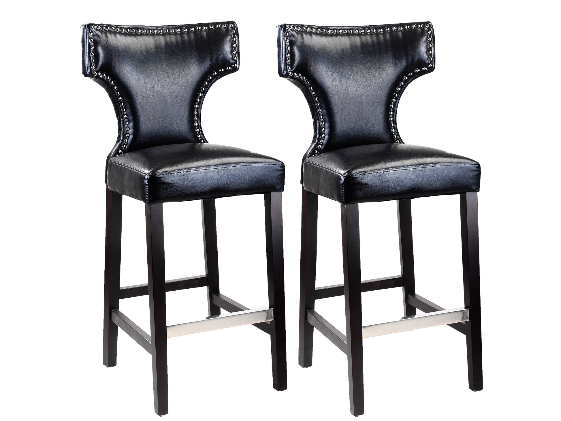 Black bar height bar stools set of 2, sleek metal legs, cushioned seats, modern design, perfect for kitchen or home bar.