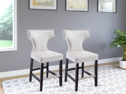 White counter height bar stools, set of 2, with cushioned seats and sleek metal legs, perfect for modern kitchens and bars.