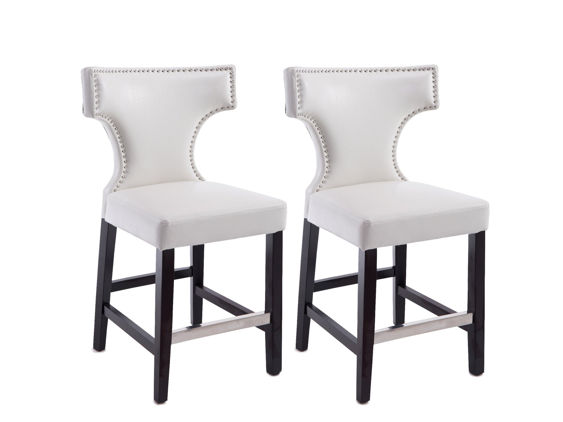 White counter height bar stools, set of 2, with cushioned seats, metal legs, and modern design for kitchen or bar areas.