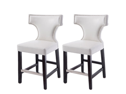 White counter height bar stools, set of 2, with cushioned seats, sleek chrome frames, and modern design.