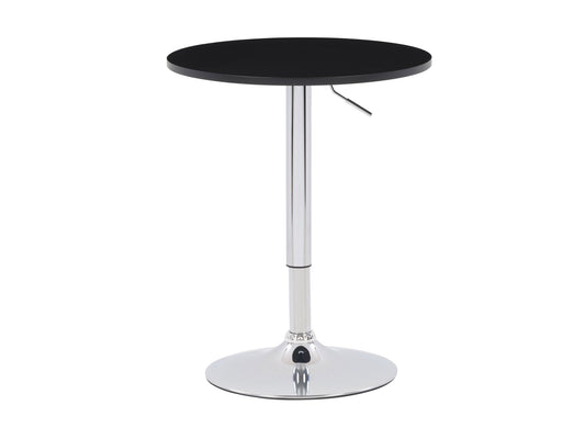 Adjustable height round black bar table with sleek metal base and modern design.