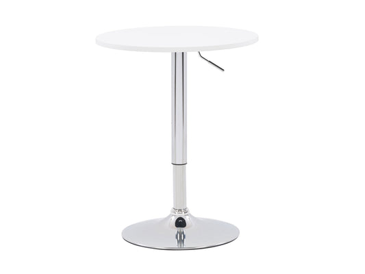 White adjustable height bar table with round top and sleek chrome base, perfect for modern kitchens and home bars.