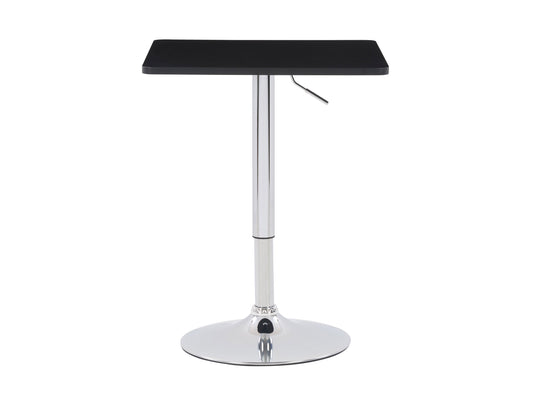 Adjustable black bar table with square top and sleek metal base, ideal for modern kitchens and home bars.