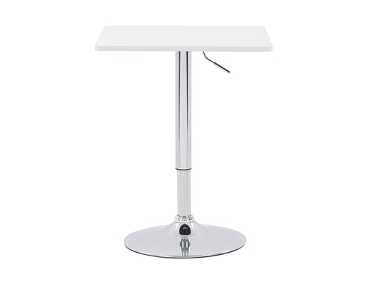 Adjustable height white bar table with a square surface and chrome base, modern design for kitchen or bar area.