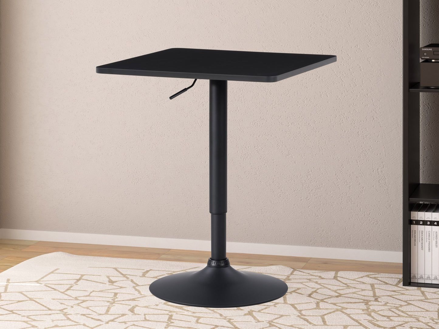 Adjustable height black bar table with square top and sleek metal frame, perfect for modern kitchens and home bars.