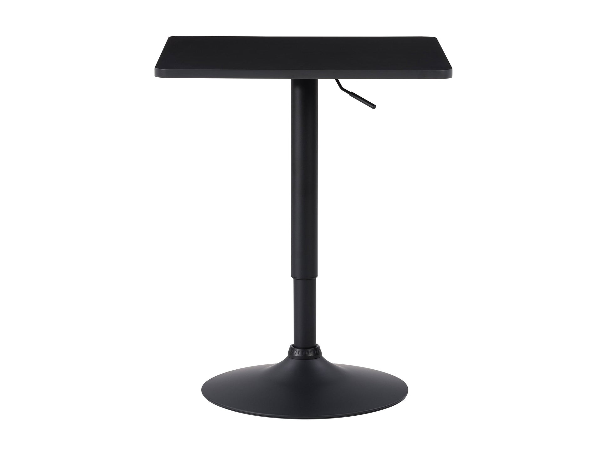 Adjustable height black bar table, square top, sleek design, modern furniture for home or bar settings.