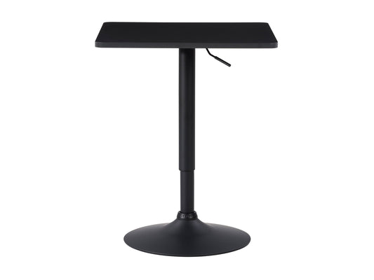 Adjustable height black bar table, square top, sleek design, modern furniture for home or bar settings.