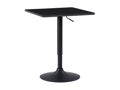 Adjustable height black bar table with square top and sleek metal frame.