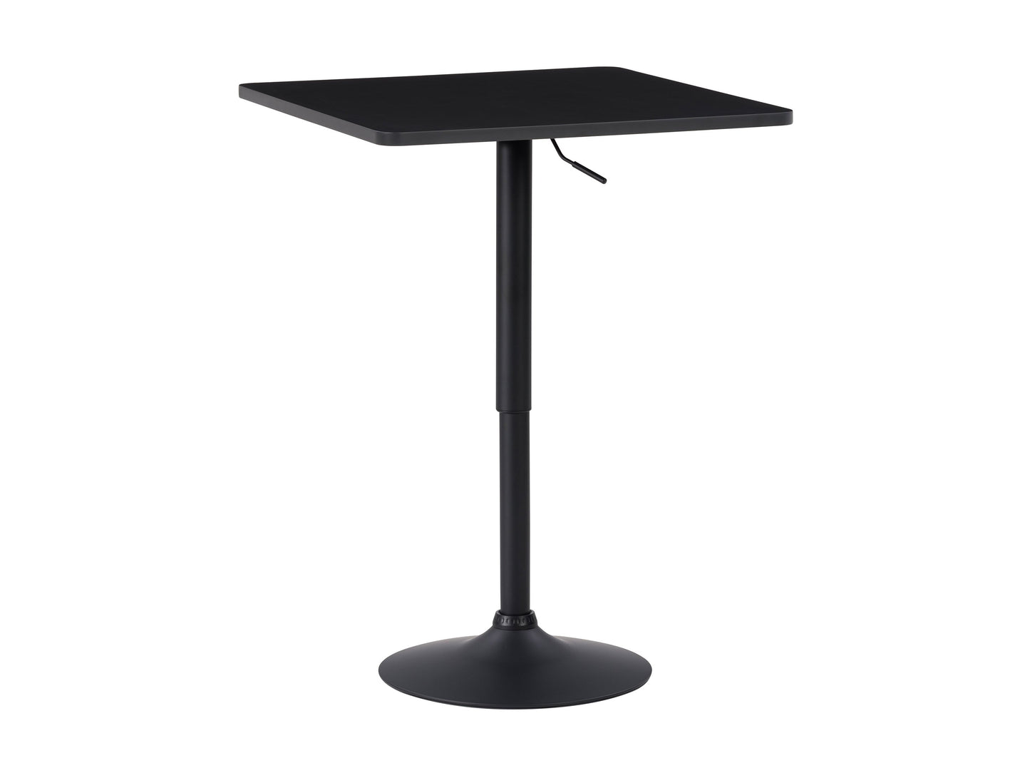 Adjustable height black bar table with square top and sleek metal base.