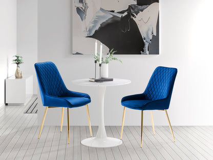 Navy blue velvet dining chairs set of 2 with gold metal legs and tufted backrest for luxury dining rooms.