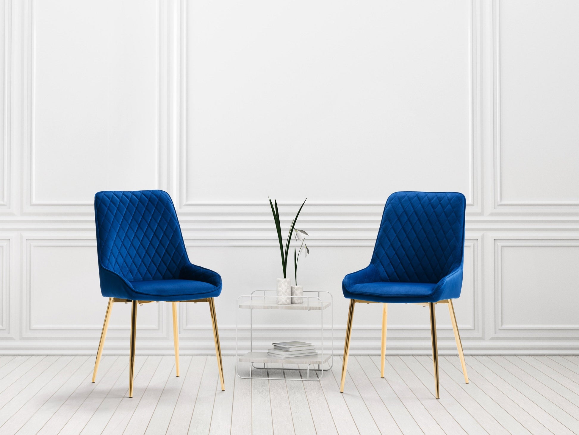 Navy blue velvet dining chairs, set of 2, with gold metal legs and tufted backrest, luxury modern design.