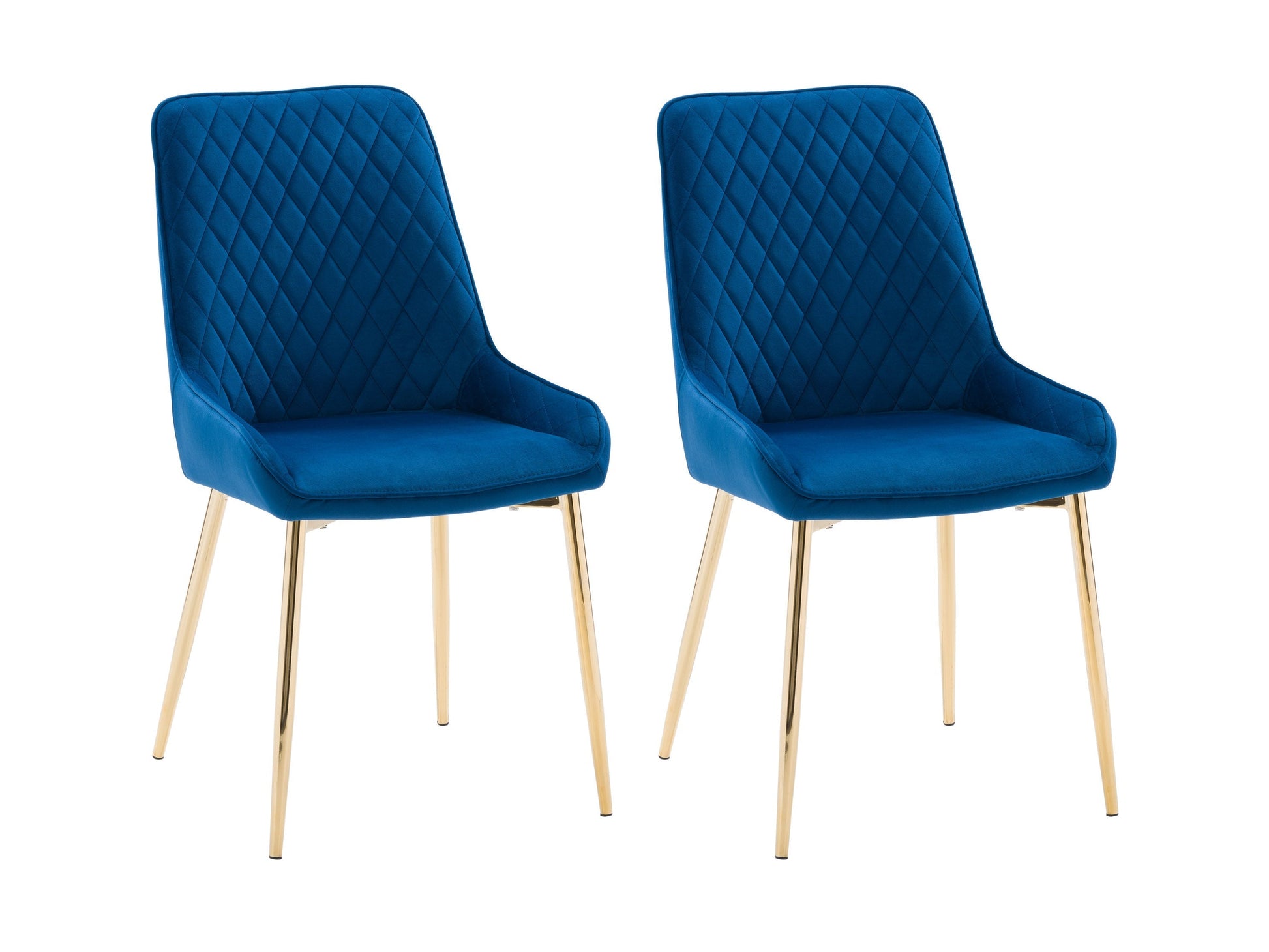 Navy blue velvet dining chairs set, gold metal legs, tufted back, luxury modern design.