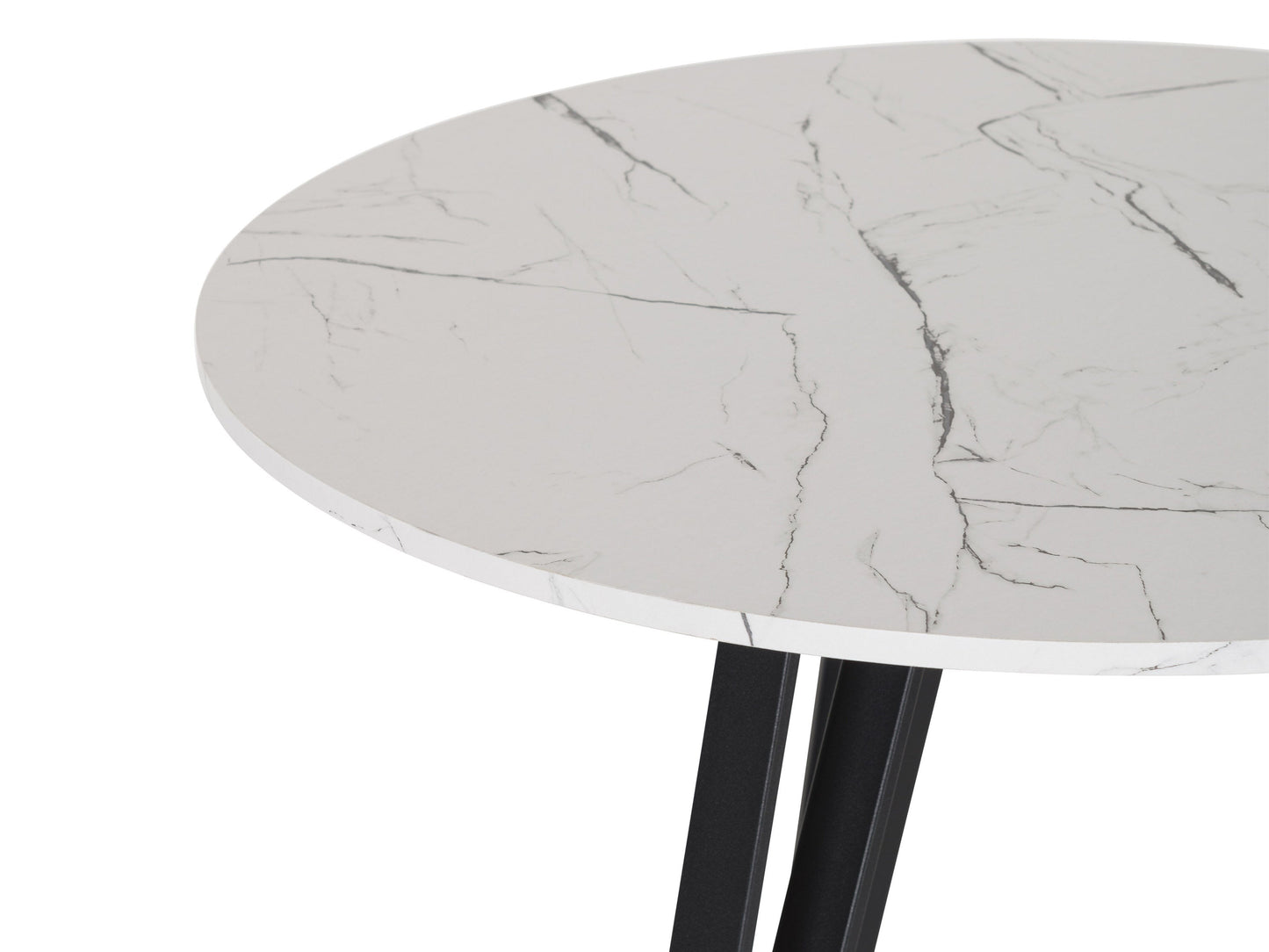 Small round dining table with white marble top and black metal base, modern minimalist design.