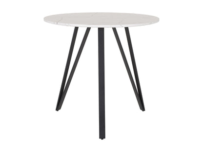 Small round white marble dining table with sleek black metal legs and modern design.