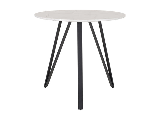 Small round white marble dining table with sleek black metal legs and modern design.