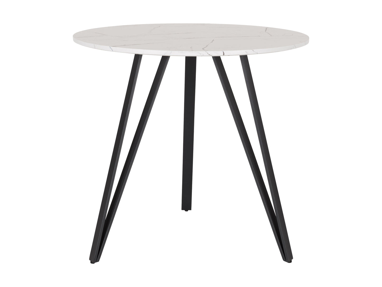 White marble round dining table with sleek black metal base, modern minimalist design, perfect for small dining spaces.