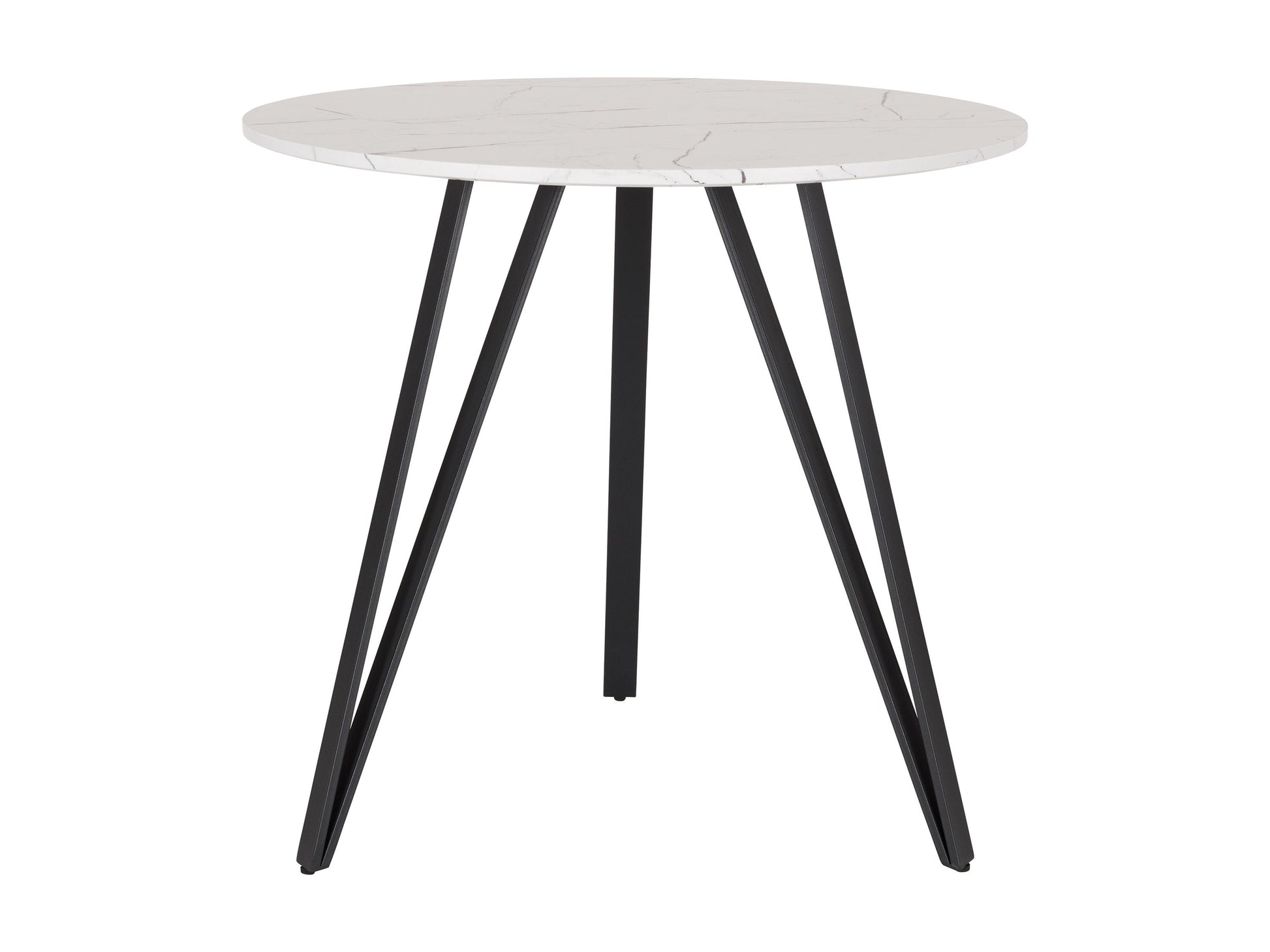 White marble round dining table with sleek black metal base, modern minimalist design, perfect for small dining spaces.