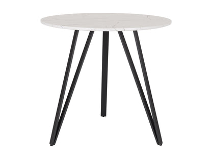 White marble round dining table with sleek black metal base, modern minimalist design, perfect for small dining spaces.