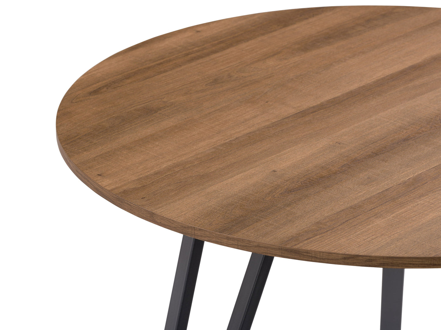 Small round brown dining table with a smooth wooden finish and sturdy, tapered legs.