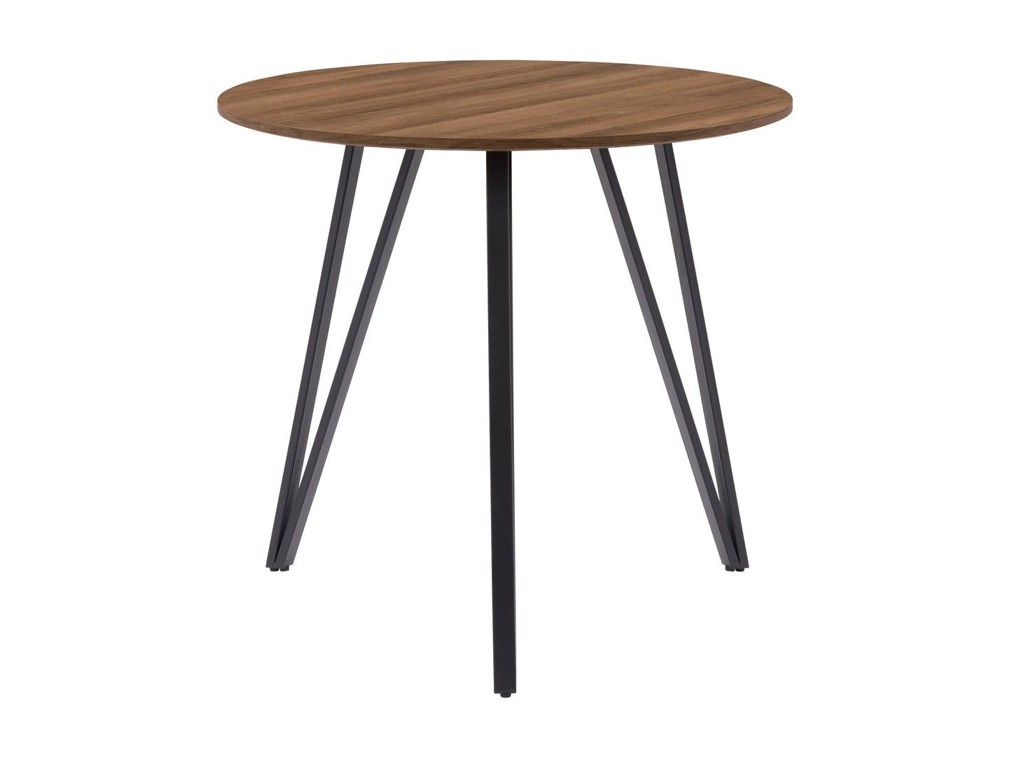 Small round brown dining table with wooden finish and sleek black metal legs.