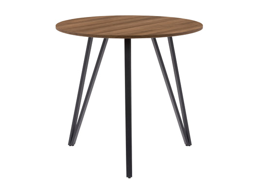 Small round brown dining table with wooden finish and sleek black metal legs.