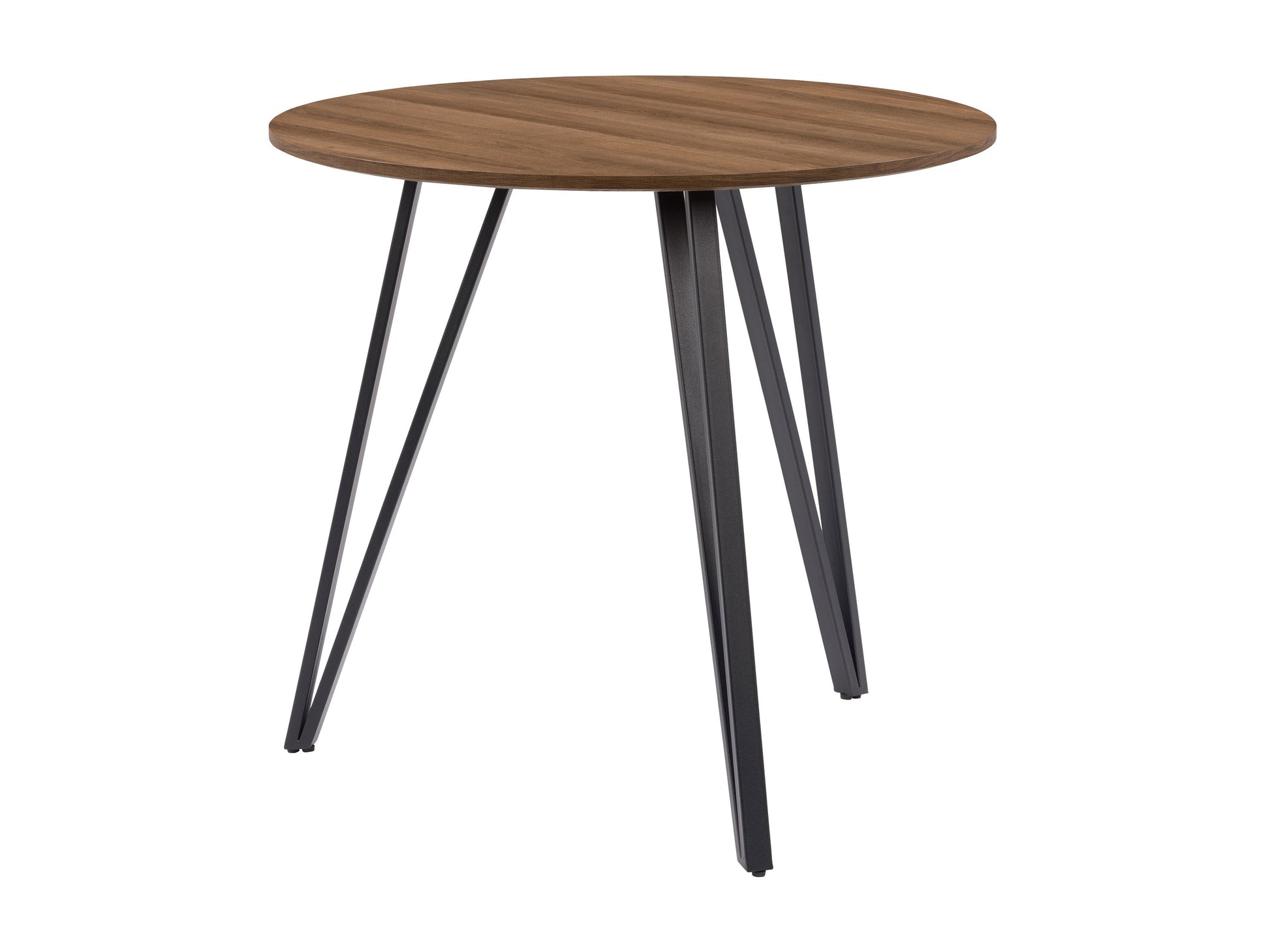 Small round brown dining table with wooden top and black metal legs.