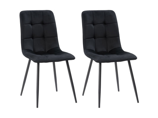 Black velvet upholstered dining chairs, set of 2, with gold metal legs and a sleek, modern design.