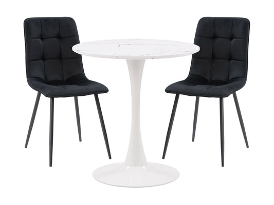 3 piece black bistro dining set with round table and two matching chairs, modern design, perfect for small spaces.