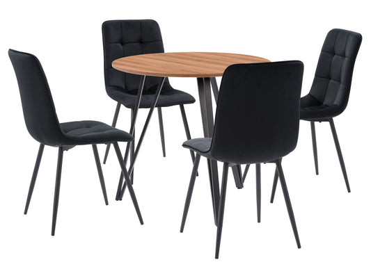 Round black dining table set, 5-piece, modern design with sleek metal legs and matching black chairs.