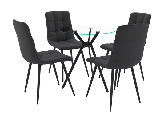 Black glass dining table set, 5-piece, sleek modern design with chrome legs and black upholstered chairs.