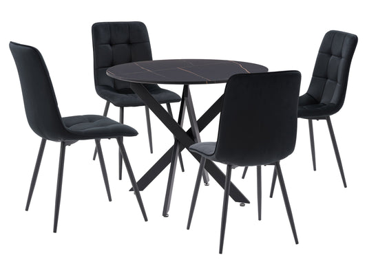 Black dining room set, 5-piece, modern design with sleek black finish and cushioned chairs.