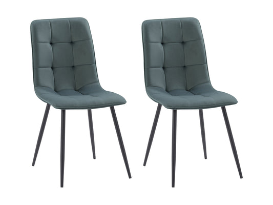 Velvet upholstered dining chairs, teal grey, set of 2, with black metal legs and tufted backrest.