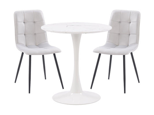 Light grey 3 piece bistro dining set with round table and cushioned chairs, perfect for small spaces and modern kitchens.