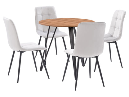 Light grey round dining table set with 4 upholstered chairs, wooden legs, and modern minimalist design.