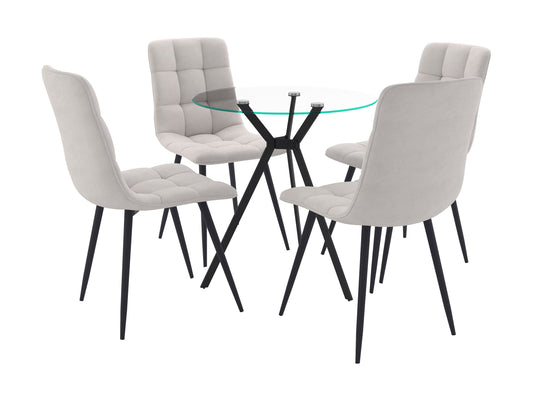 Light grey glass dining table set, 5pc with upholstered chairs, sleek modern design, and sturdy metal legs.