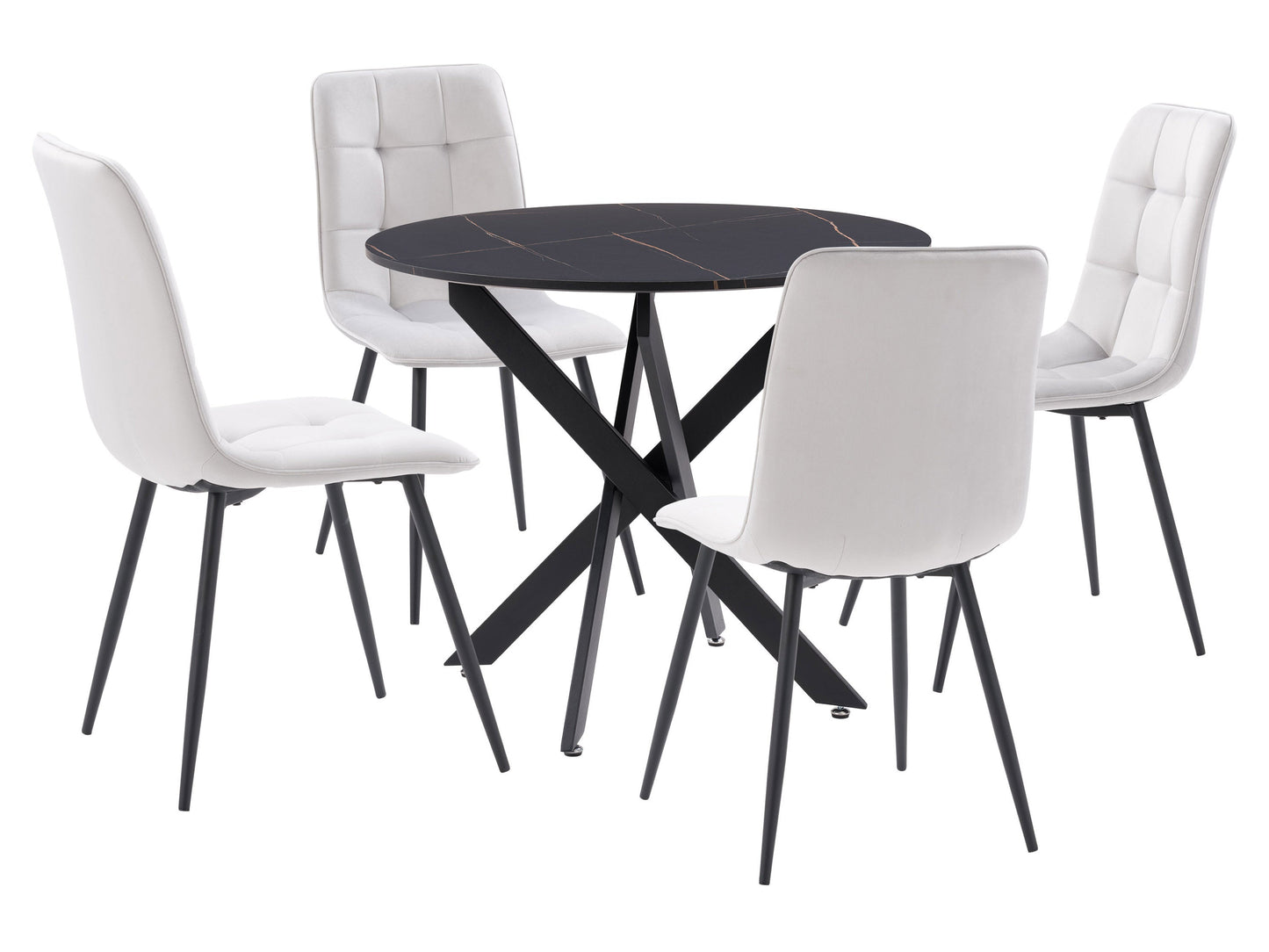 Black dining room set, 5-piece with light grey upholstered chairs and sleek black wooden table, modern minimalist design.