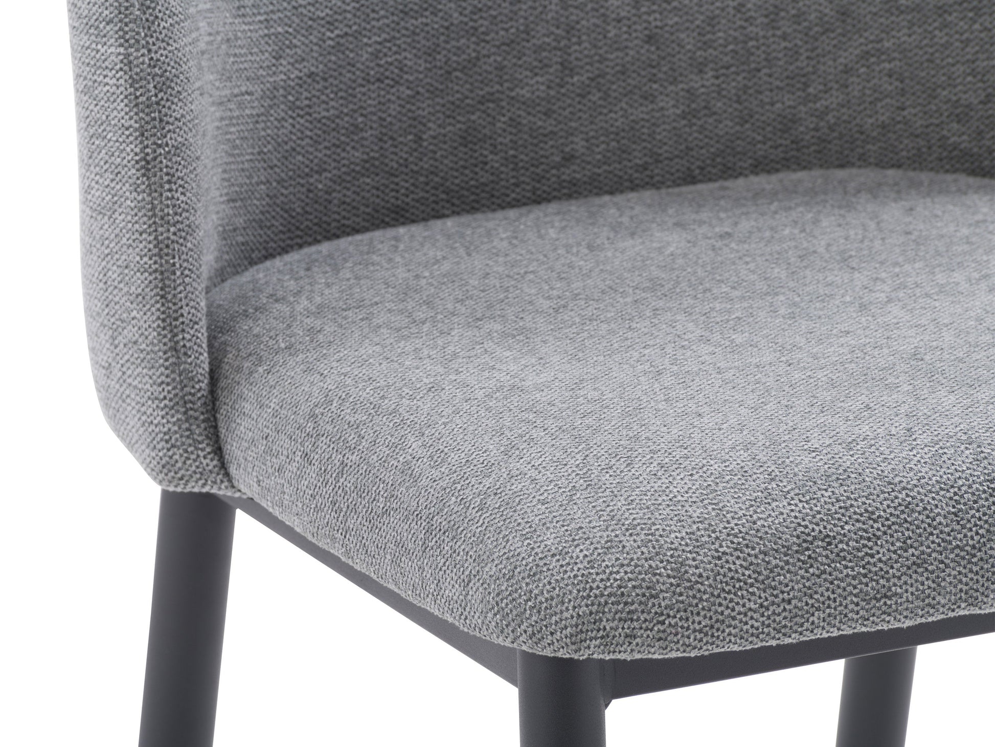 Curved grey dining chairs, set of 2, with fabric upholstery, wooden legs, and ergonomic design.