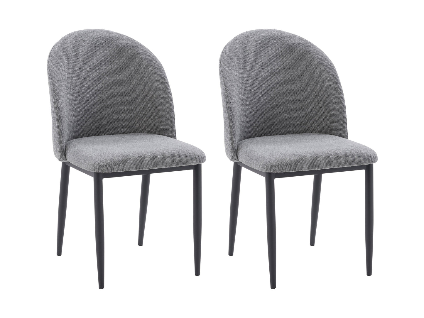 Curved grey fabric dining chairs set with wooden legs, ergonomic design, and modern style.